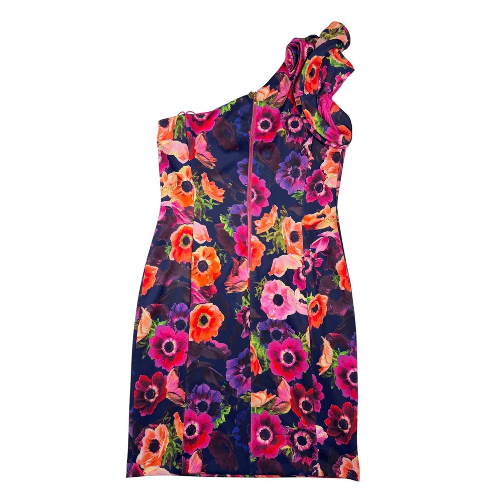 Alex Marie Navy One-Shoulder Floral Dress with Pink & Orange Blooms - Picture 3 of 12